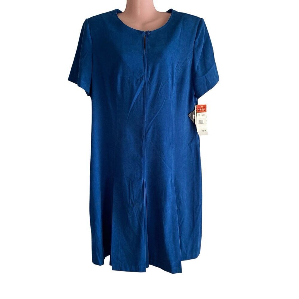 Vtg R & K Originals Dress Size 16 Blue Shift Faux Suede Career Office Pleated